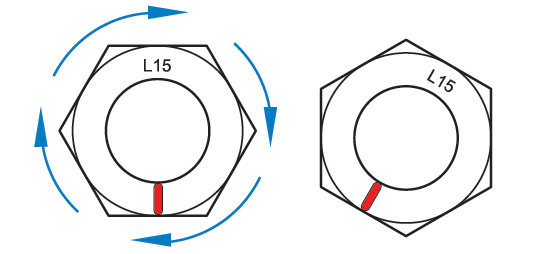 30 degree turn, mark nut, fitting tube receptacle, DIN Tube installation