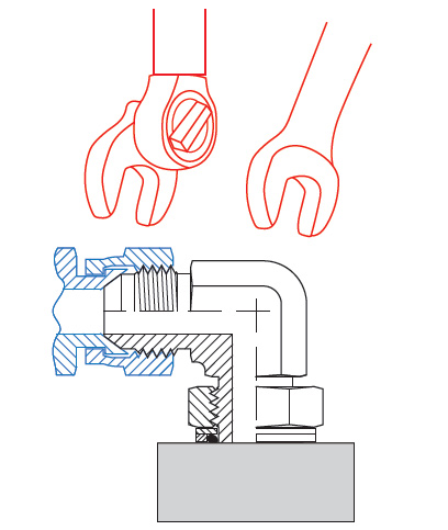 hand tighten fitting, orient fitting, check for leaks, torque swivel nut